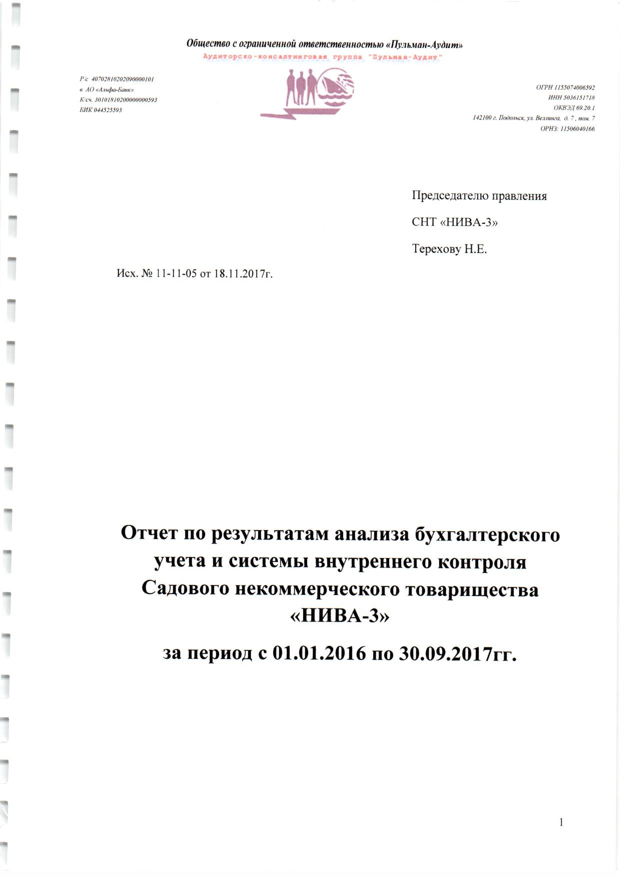 Отчёт По Аудиту За Период 01.01.2016 По 30.09.2017 | СНТ "НИВА-3"